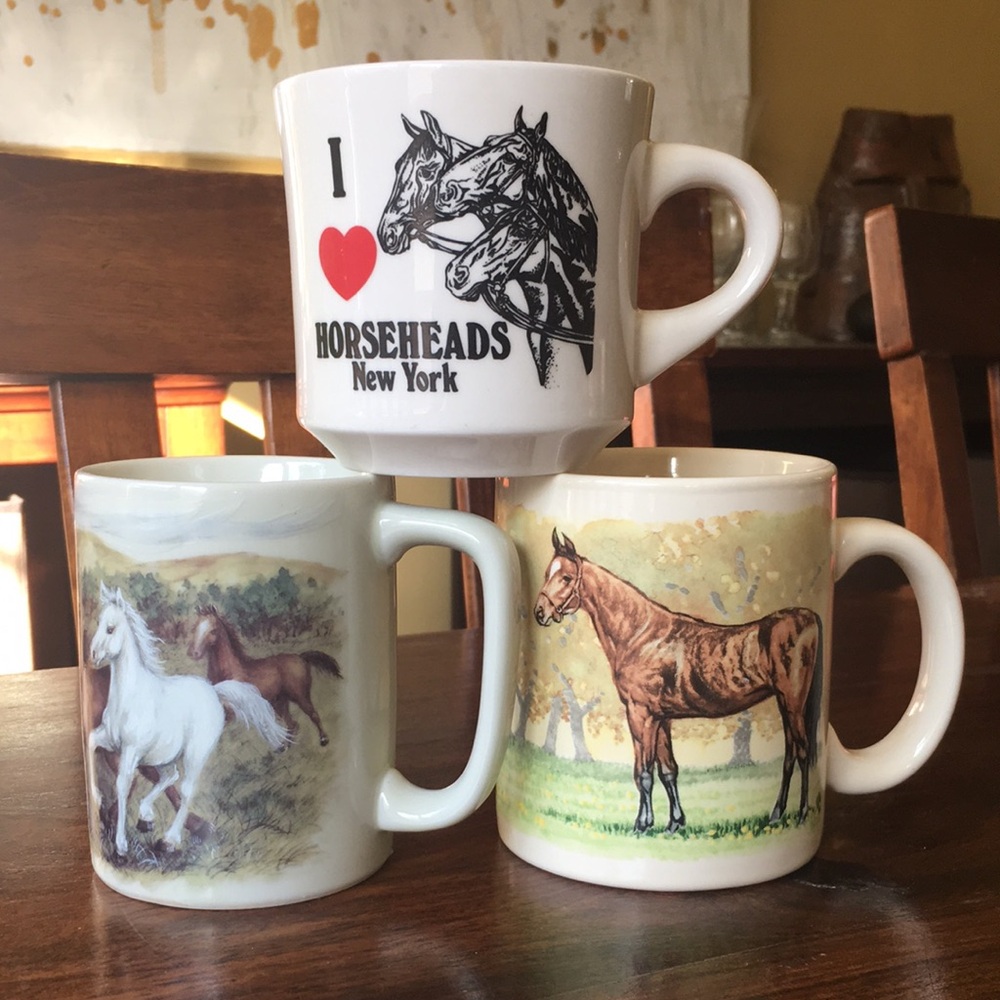 3 Vintage Unique Horse themed Coffee Mugs Cups by Otagiri, Crossroads, other